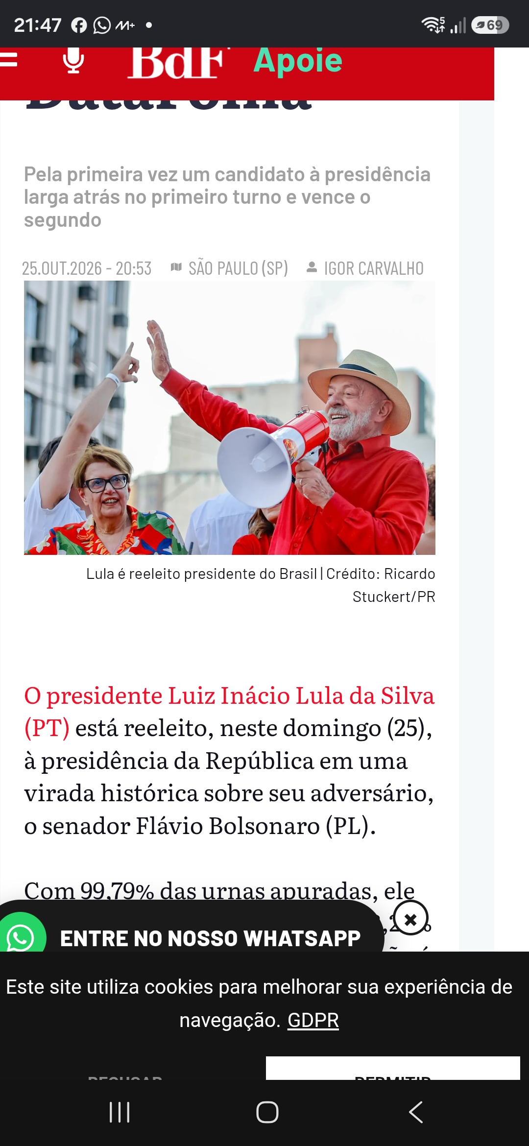 Lula é reeleito e derrota Flávio Bolsonaro em virada histórica, projeta DataFolha